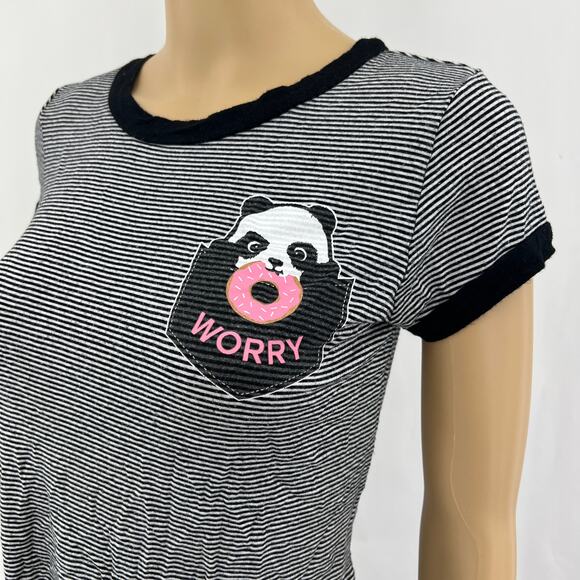 Ringostone MEDIUM Black Striped Panda Donut Worry Crop Baby tee Shirt T-Shirt - Picture 2 of 6